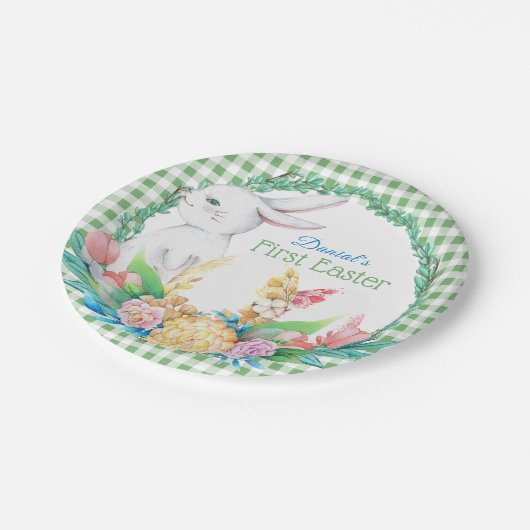 Kariertes Wasserfarben Blumenregen Erste Osterfeie Pappteller (Schrägansicht)