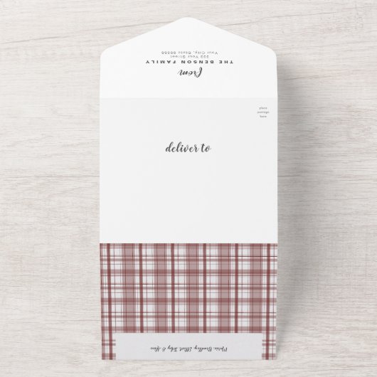 Kariertes Weihnachts-Rot 4 Foto Urlaub All In One Einladung (Außenbereich)