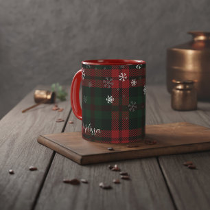 Kariertes Weihnachtsfest Schneeflocken Rot und Grü Tasse
