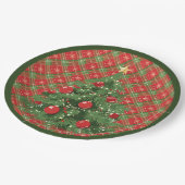 Kariertes Weihnachtsrot, Grün mit Schneeflocken Pappteller (Schrägansicht)