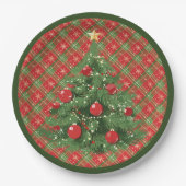 Kariertes Weihnachtsrot, Grün mit Schneeflocken Pappteller (Vorderseite)