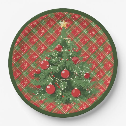 Kariertes Weihnachtsrot, Grün mit Schneeflocken Pappteller (Vorderseite)