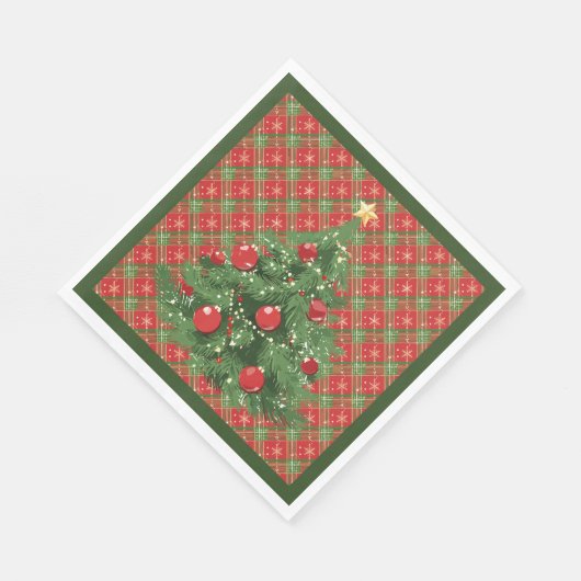 Kariertes Weihnachtsrot, Grün mit Schneeflocken Serviette (Ecke)