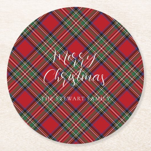 Kariertes Weihnachtsskript Stewart Tartan Runder Pappuntersetzer (Vorderseite)
