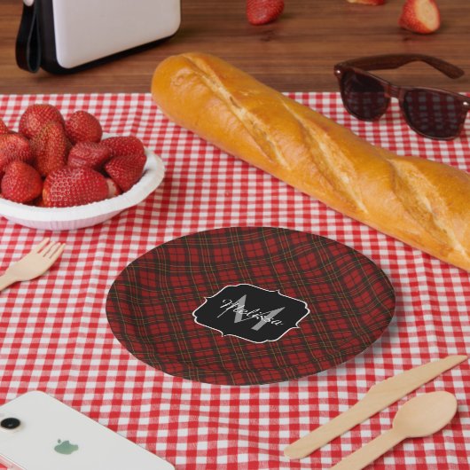 Kariertes Wintermuster Monogram Pappteller (Picknick)