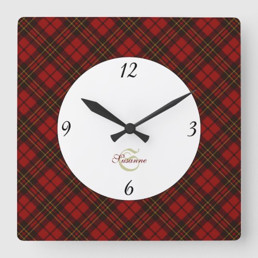 Kariertes Wintermuster Monogram Quadratische Wanduhr (Vorderseite)