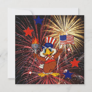 Karikatur-Adler mit Flagge und Feuerwerk-Einladung Einladung
