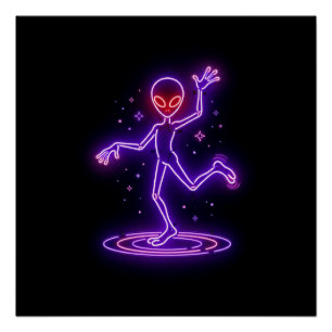 Karikatur-Alien tanzt zwischen kleinen Sternenexpl Poster