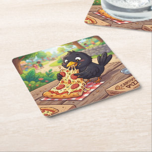 Karikatur-Baby Amsel Krähe Rabe isst Pizza Rechteckiger Pappuntersetzer