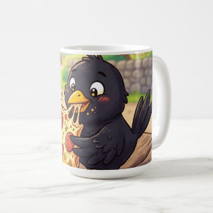 Karikatur-Baby-Schwarzdrossel-Krähe-Rabe-isst-Pizz Kaffeetasse
