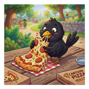 Karikatur-Baby-Schwarzdrossel-Krähe-Rabe-isst-Pizz Poster