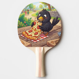Karikatur-Baby-Schwarzdrossel-Krähe-Rabe-isst-Pizz Tischtennis Schläger