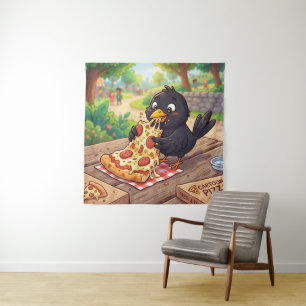Karikatur-Baby-Schwarzdrossel-Krähe-Rabe-isst-Pizz Wandteppich