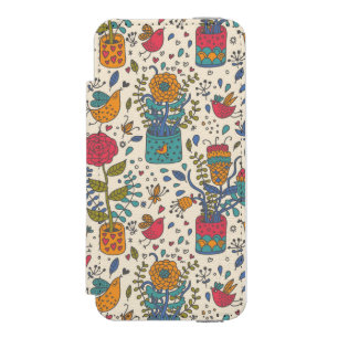 Karikatur-Blumenmuster mit Vögeln 2 Incipio Watson™ iPhone 5 Geldbörsen Hülle