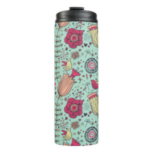 Karikatur-Blumenmuster mit Vögeln Thermosbecher