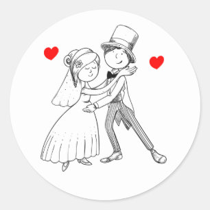 Karikatur Braut Bräutigam Hochzeit Rot Schwarz Wei Runder Aufkleber