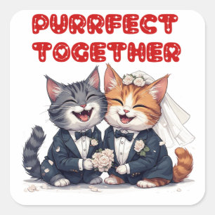 Karikatur-Braut und Bräutigam Katzen für Hochzeits Quadratischer Aufkleber