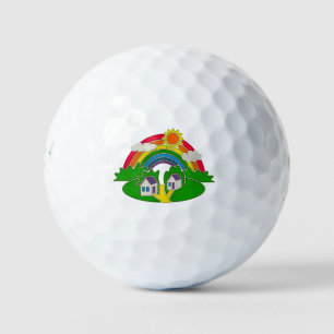 Karikatur der ländlichen Szene mit Regenbogen und  Golfball