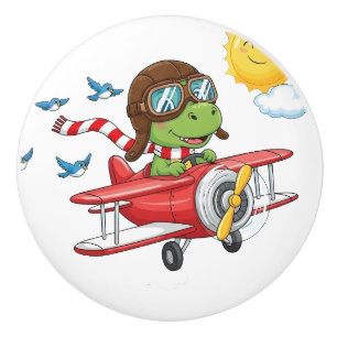 Karikatur-Dinosaurier-Pilot fliegt rotes Flugzeug Keramikknauf