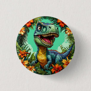 Karikatur-Dinosaurier und lebendige tropische Blum Button