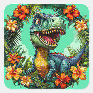 Karikatur-Dinosaurier und lebhafte tropische Blume Quadratischer Aufkleber