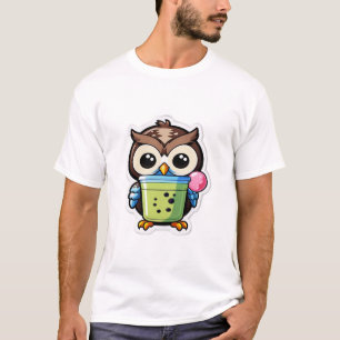 Karikatur einer Eule, die einen grünen Bubble Tea T-Shirt