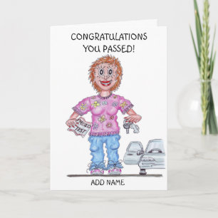 Karikatur einer Frau, die gerade die Fahrprüfung b Karte