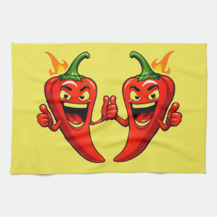 Karikatur-Feuerpfeffer-Maskottchen mit grinsendem  Geschirrtuch