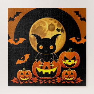 Karikatur-Fledermaus und Kürbisse unter Vollmond Puzzle
