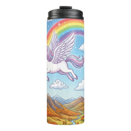 Karikatur fliegendes Einhorn mit Regenbogen Thermosbecher (Vorderseite)