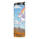 Karikatur fliegendes Einhorn mit Regenbogen Thermosbecher (Nach links gedreht)