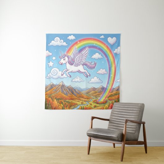 Karikatur fliegendes Einhorn mit Regenbogen Wandteppich (Beispiel)