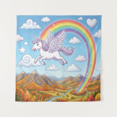 Karikatur fliegendes Einhorn mit Regenbogen Wandteppich (Vorderseite)