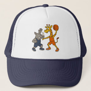Karikatur-Giraffe und Nashorn beim Basketballspiel Truckerkappe