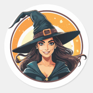 Karikatur-Halloween-Hexenporträt Runder Aufkleber
