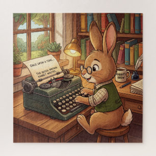 Karikatur-Hase, der auf einer Retro-Schreibmaschin Puzzle