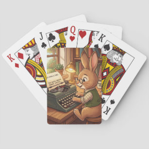 Karikatur-Hase, der auf einer Retro-Schreibmaschin Spielkarten