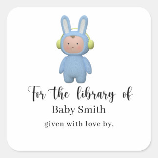 Karikatur-Jungen-Hase-Baby-Shower-Bibliothek Quadratischer Aufkleber