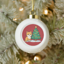 Karikatur-Katze am Weihnachtsbaum Schneesticker Keramik Kugel-Ornament