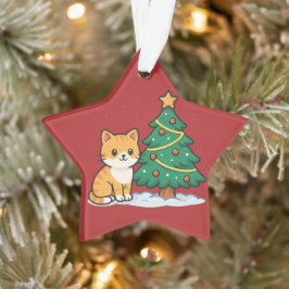 Karikatur-Katze am Weihnachtsbaum Schneesticker Ornament