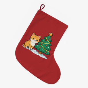 Karikatur-Katze neben Weihnachtsbaum Schneesticker Großer Weihnachtsstrumpf