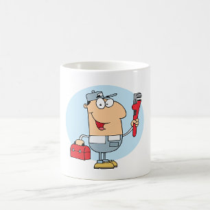 Karikatur Klempner hält Rohrzange und Werkzeugkist Kaffeetasse