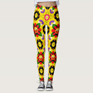 Karikatur lächelnde Blumen und Bienen Leggings
