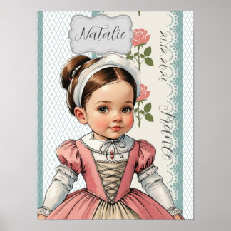 Karikatur Mädchen in Vintage-Französisch gekleidet Poster