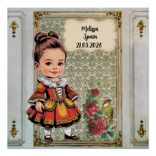 Karikatur Mädchen in Vintage spanischer Kleidung Poster