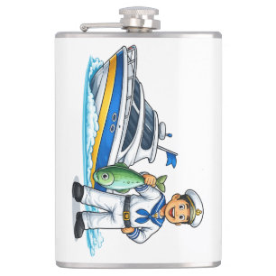 Karikatur-Matrose mit Yacht und Fisch - nautische Flachmann