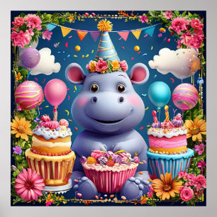 Karikatur-Nilpferd Geburtstag – Süße Tierparty Poster