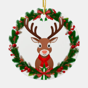 Karikatur-Rentier neben festlichem Weihnachtskranz Keramik Ornament