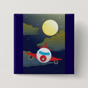 Karikatur rotes Flugzeug fliegt in der nächtlichen Button