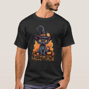 Karikatur schwarze Katze in einem Halloween-Hut mi T-Shirt